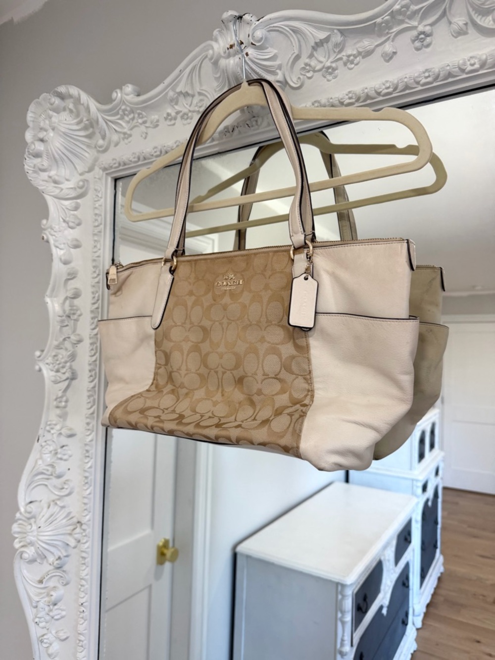 Coach Ava Tote in Signature Monogram Logo Leather Khaki Saddle Handbag